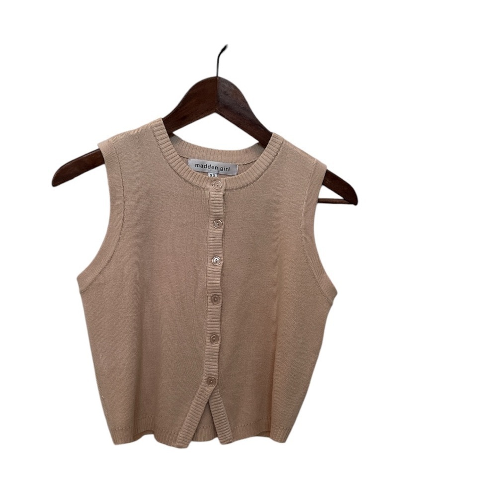 Women’s Madden Girl Tan Cropped Cardigan Shell/Vest, Button Down, size XS